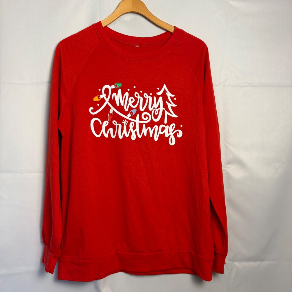 Merry Christmas Red Graphic Sweatshirt Holiday Raglan Long Sleeve Small